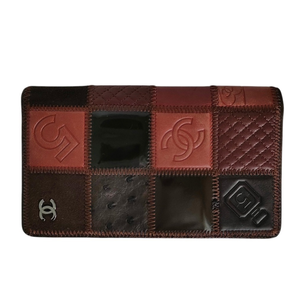 CHANEL Icon Line Coco Mark Patchwork Long Wallet, Bi-fold with Box, Brown, Wo...